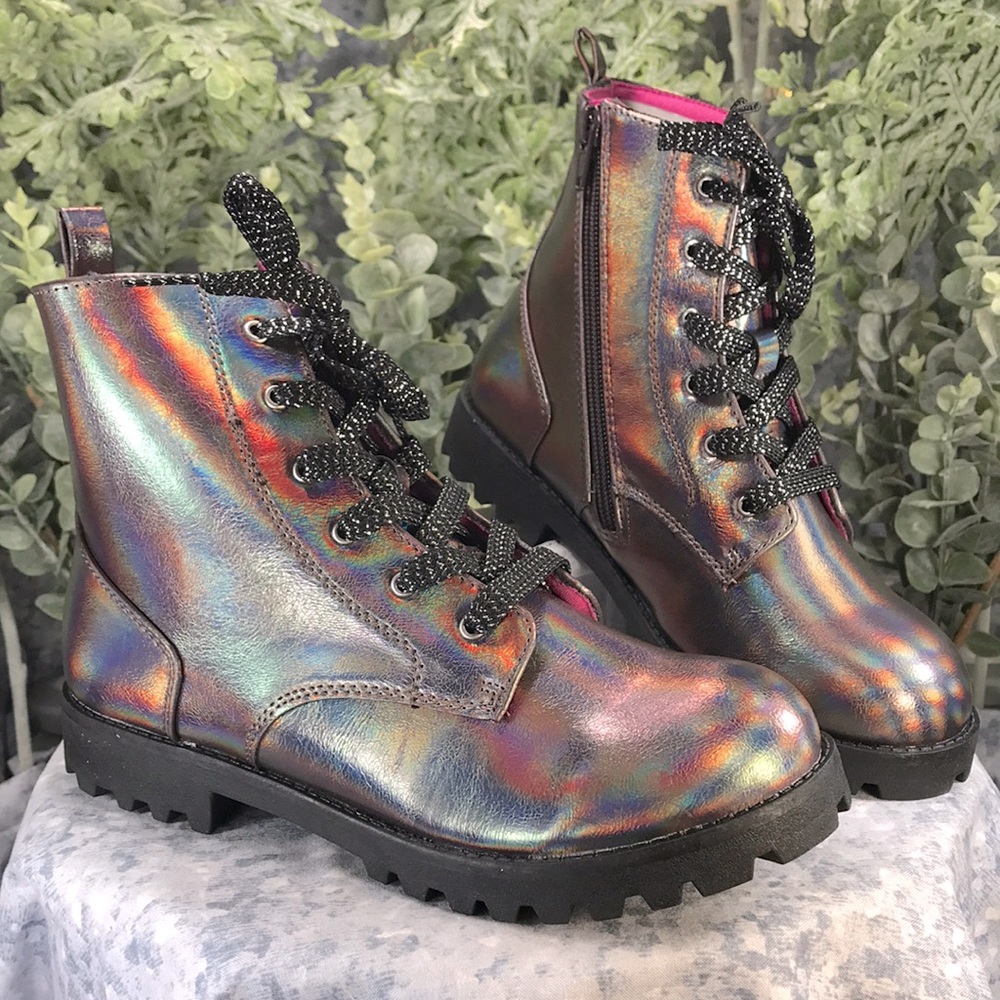 Brash Jet Fashion Lug Boots Iridescent Bronze Zip & Laces Combo Girls 4 NWT&NIB